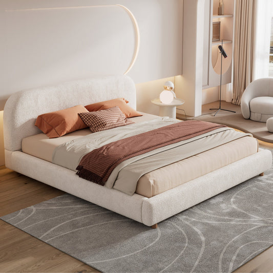 King Size Platform Bed with Boucle Fabric, Boucle Fabric Upholstered Platform Bed with Curve-Shaped Design Headboard, White, Easy Assembly