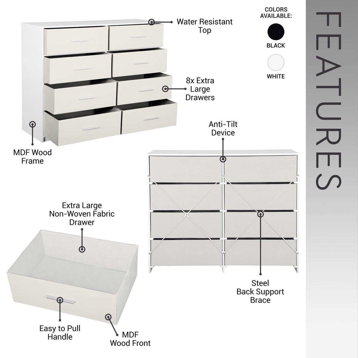 8-Drawer Dresser with Large Fabric Drawers, White