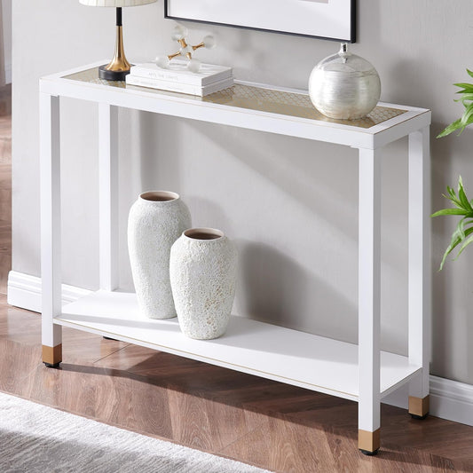 Glass Entryway Table, 2-Tier Entry Way Console Entrance Table, 41"L Narrow Sofa Table with Shelves, Ideal for Hallway, Entryway, Living Room, Foyer, Corridor, and Office (Gold & White)