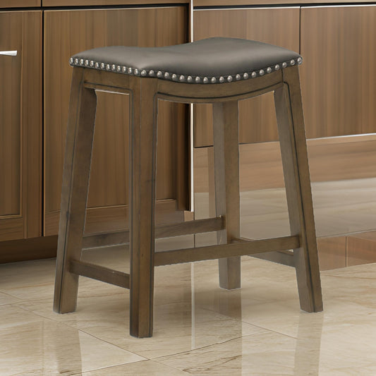 Miel 26 Inch Counter Height Stool, Gray Faux Leather Seat, Brown Solid Wood