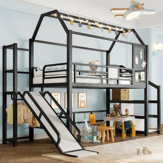 Twin House Loft bed with Slide and Stairs, Metal Playhouse Bed with Storage Shelves, House-shaped Roof and Noise-free Design, Black