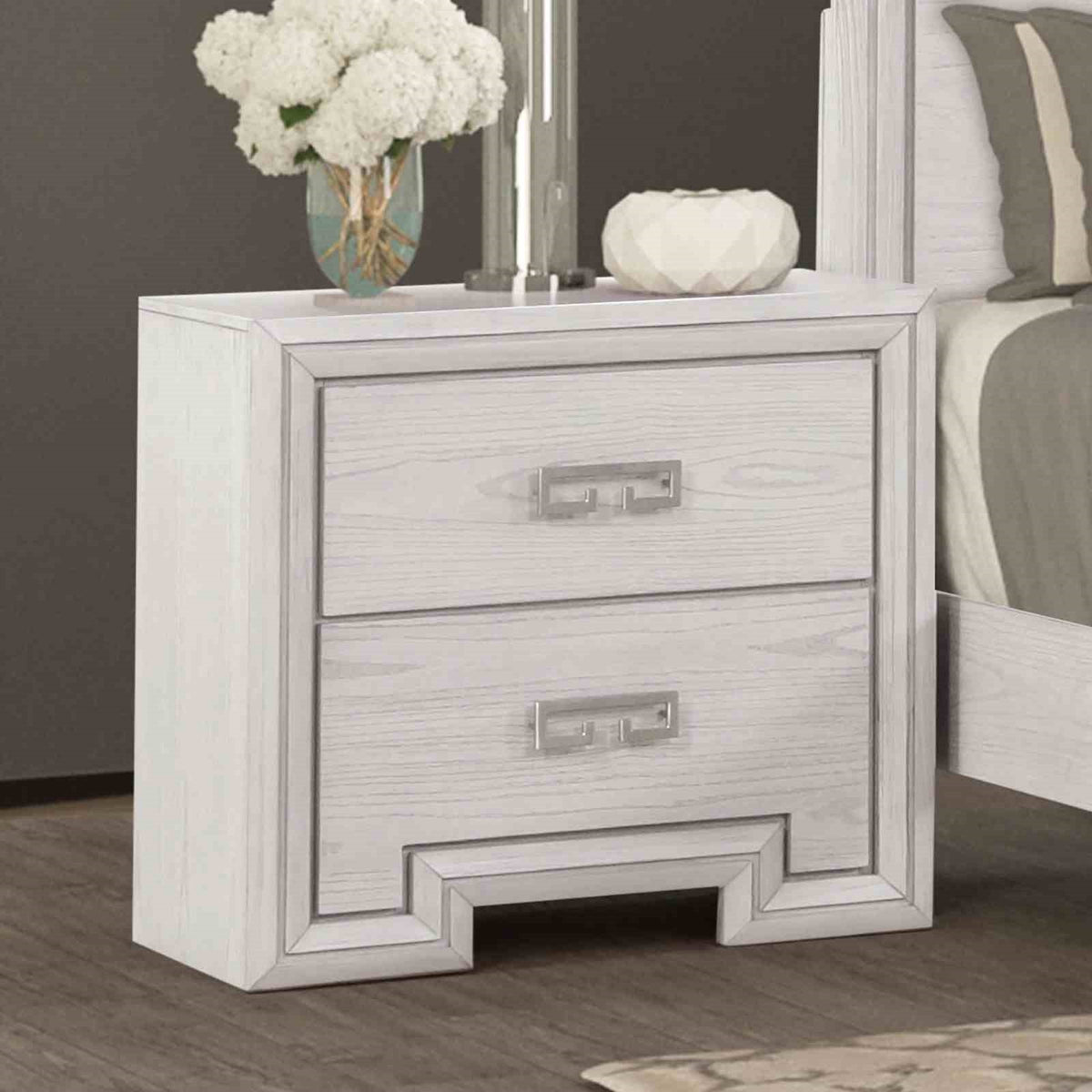 Transitional Style 1pc Nightstand USB Port Metal Handle French and English Dovetail Drawers Rustic White Finish Bedroom Furniture