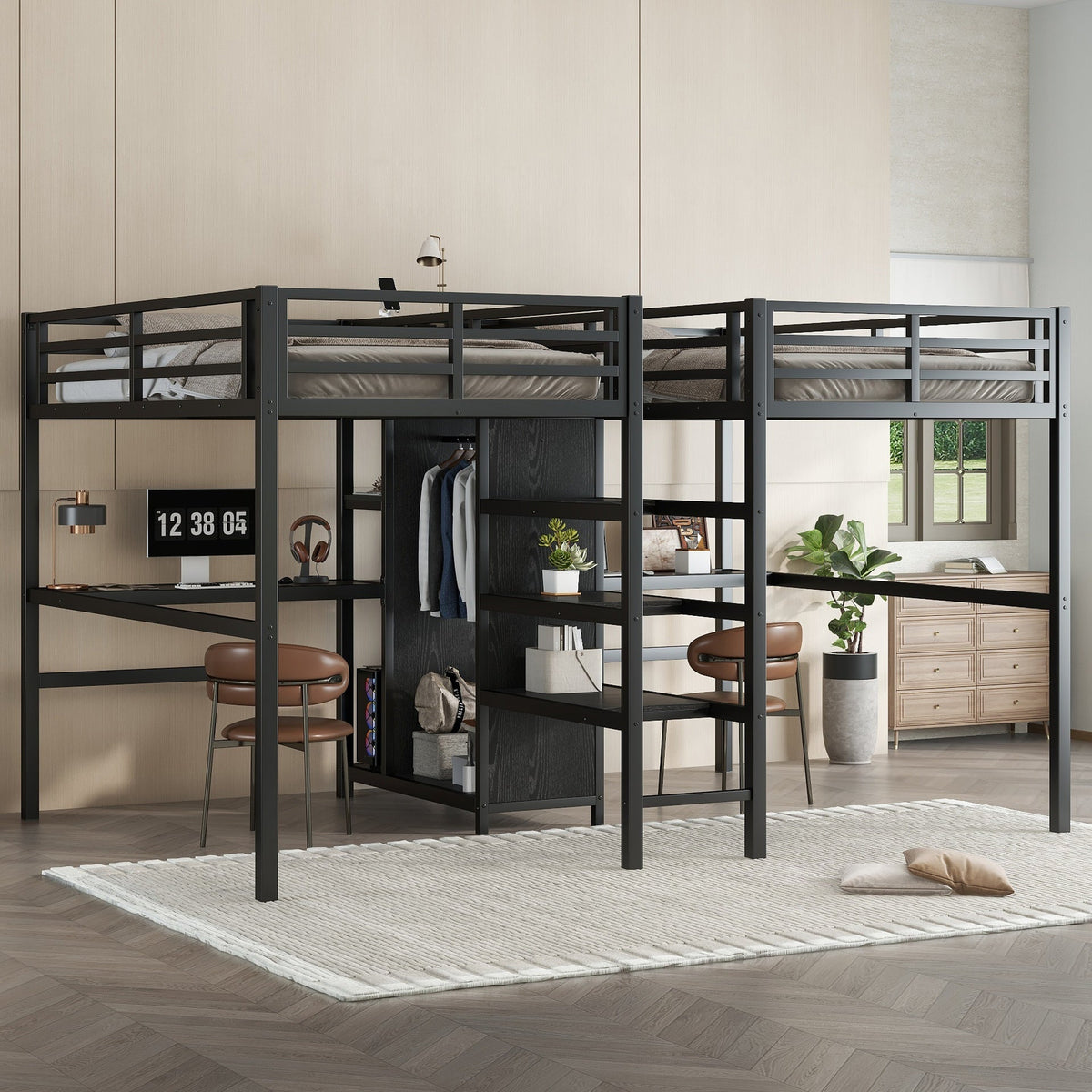 Twin Over Twin Metal Loft Bed with Double Desk and Wardrobe and Shelves with Electrical Outlet for Space Saving and Noise Reduction,Black