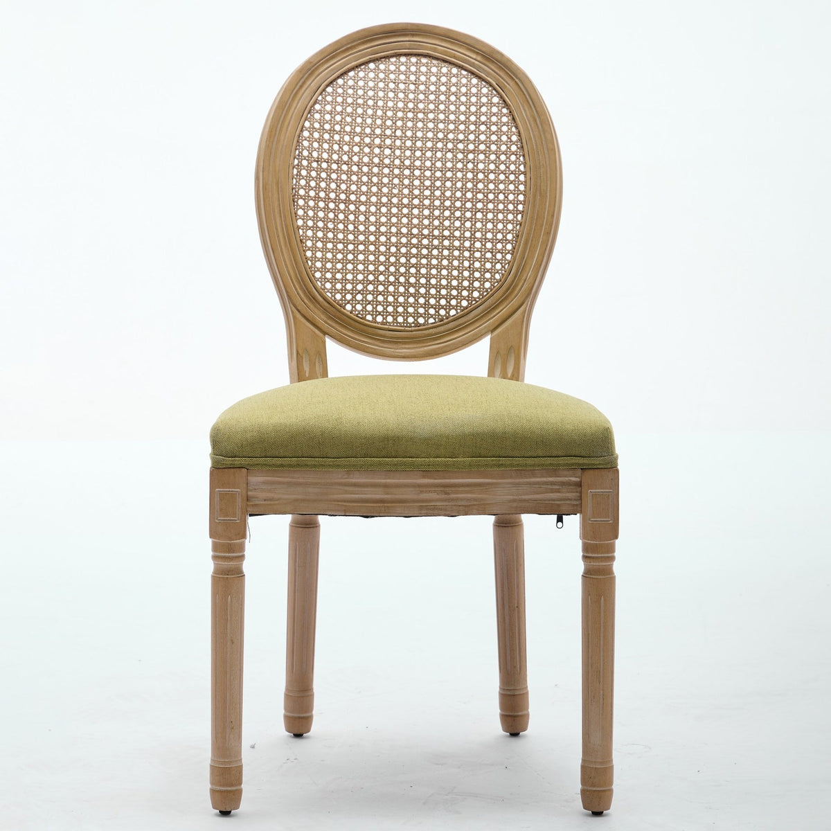A&A Furniture,French Style Solid Wood Frame Antique Painting Linen Fabric Rattan Back Dining Chair,Set of 2,Olive-Green
