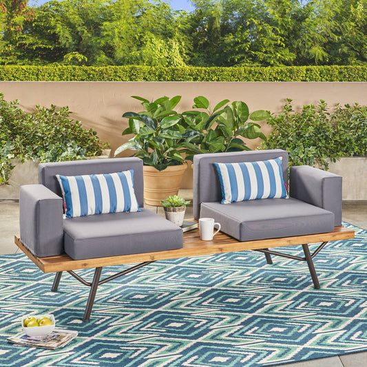 Outdoor Acacia Wood 2 Seater Sofa with Metal Legs for Garden Patio