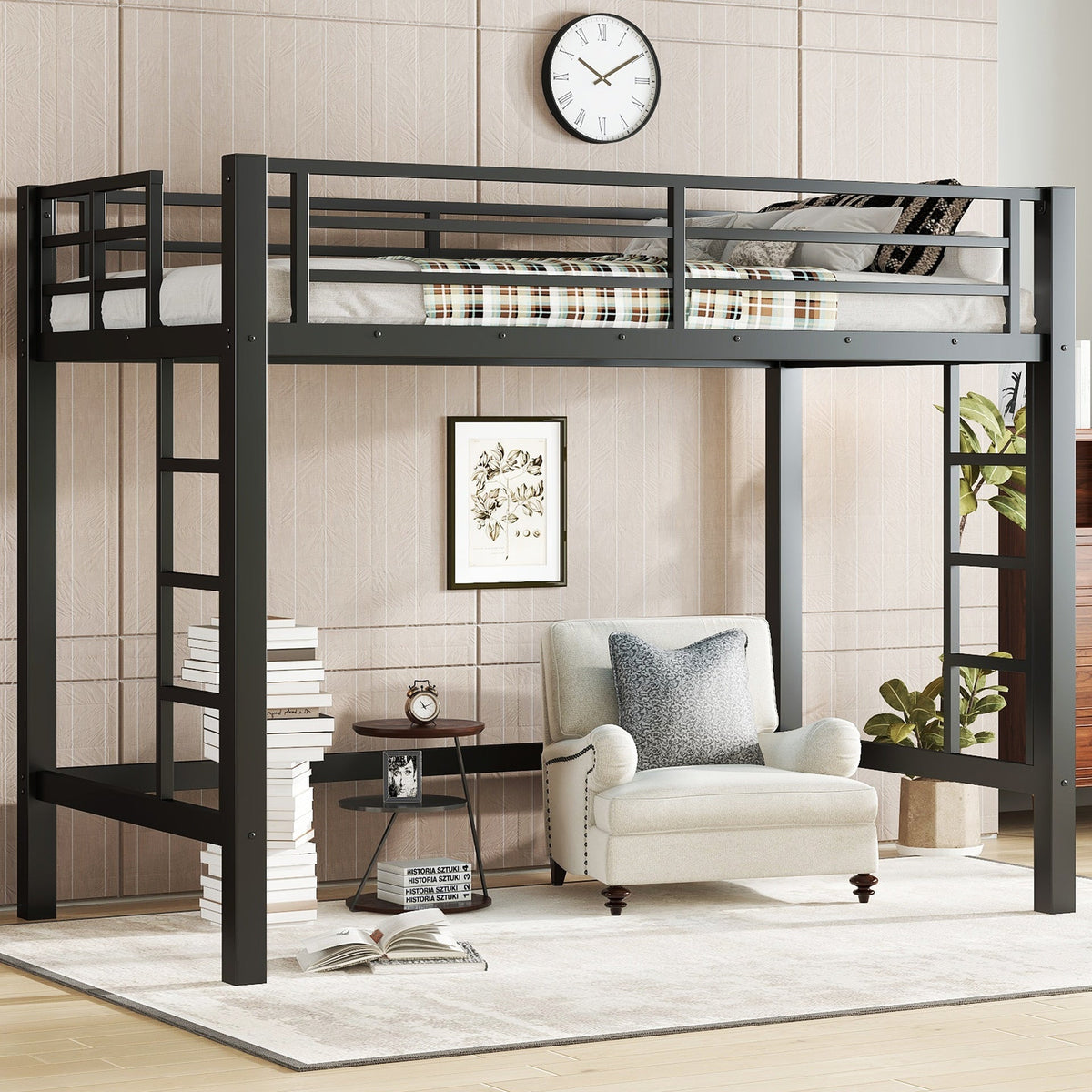 Twin Size Metal Loft Bed, Loft Bed with Easy Climbing Ladder and Guardrails , Black