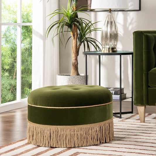 Yolanda 24" Round Upholstered Accent Ottoman, Olive Green Performance Velvet