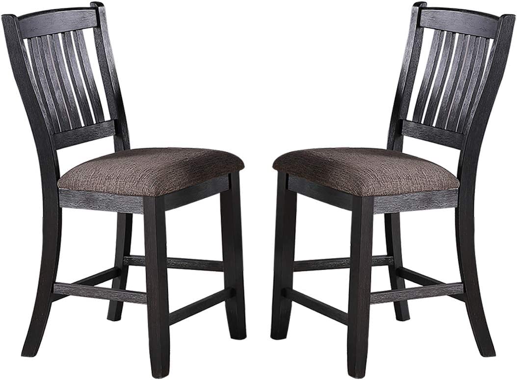 Transitional Dining Room 7pc Set Dark Coffee Rubberwood Counter Height Dining Table w 2x Shelfs and 6x High Chairs Fabric Upholstered seats Unique Back Counter Height Chairs