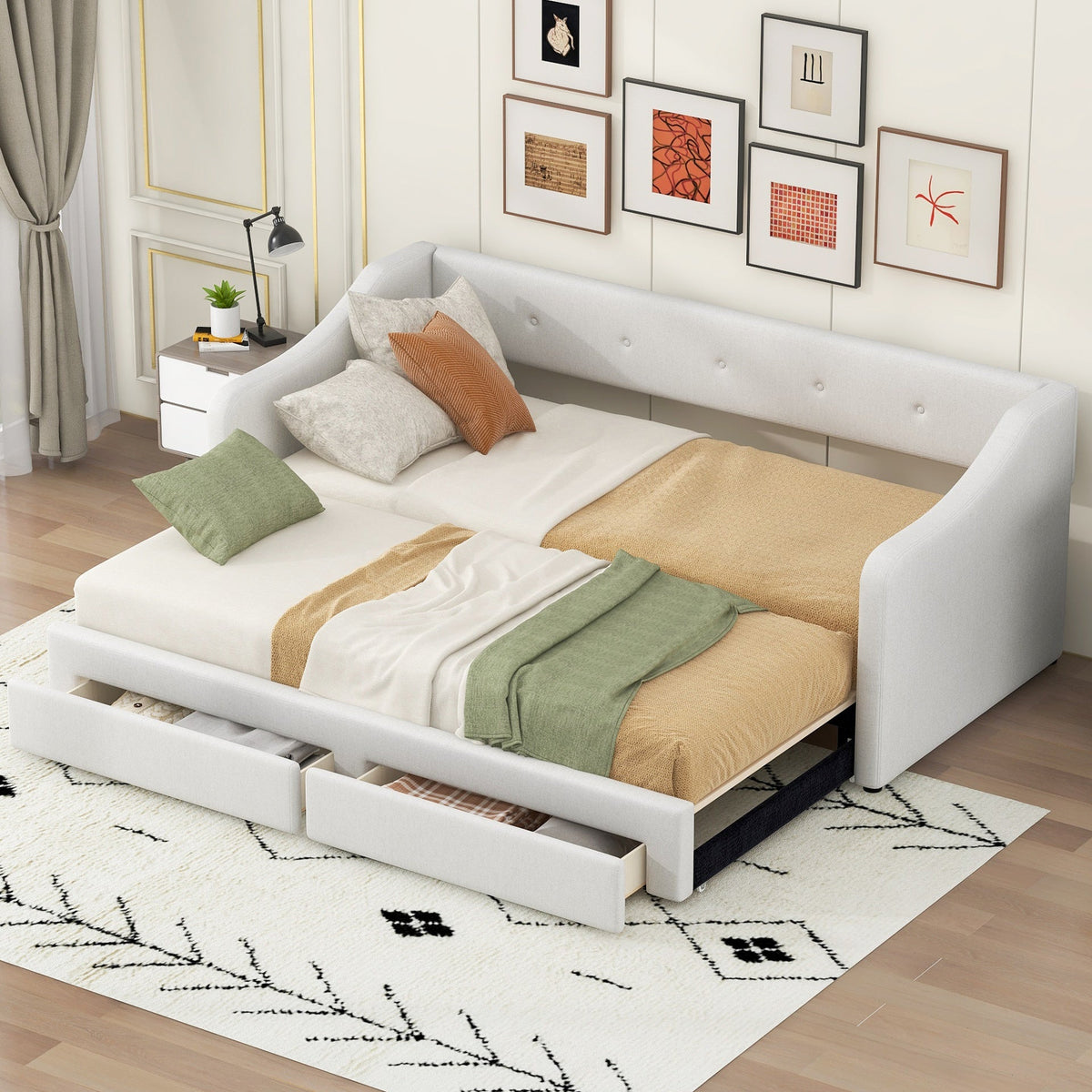 Twin XL to King Size Upholstered Daybed with Two Drawers, Beige