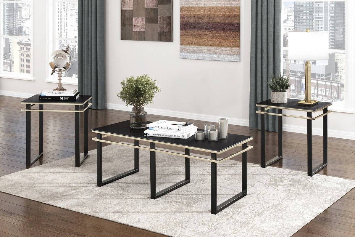 Black Coffee Table and End Tables Set Occasional 3pc Tables Tempered Glass Top Metal Frame Modern Living Room Furniture
