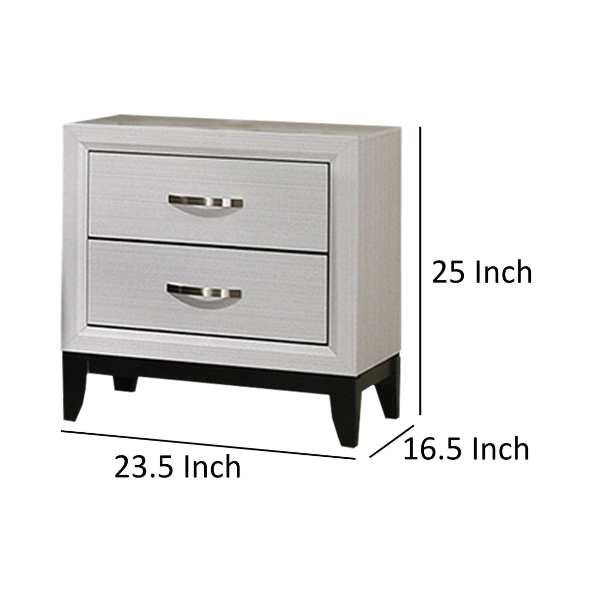 Erica Nightstand, 2 Drawers, White Wood Finished Frame, Metal Handles