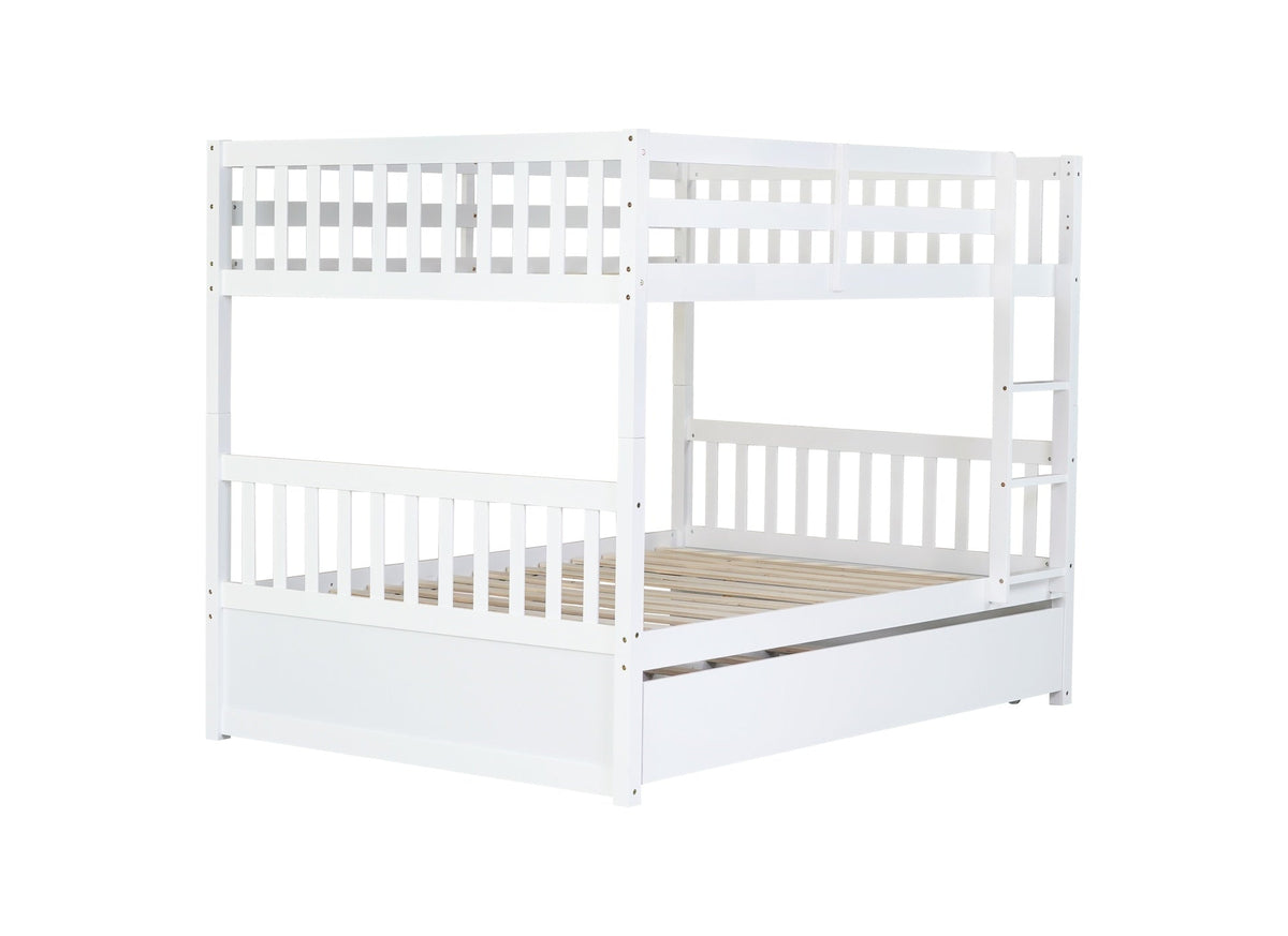 Full Over Full Rubber Wood Bunk Bed with Trundle, Ladder and Guardrails, Convertible to 2 Full Size Beds, with Twin Size Trundle,White