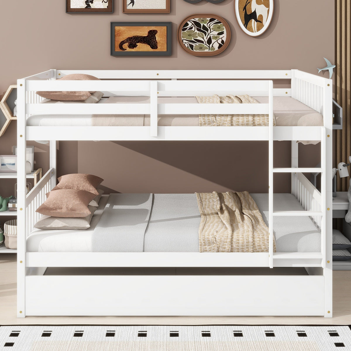 Full Over Full Rubber Wood Bunk Bed with Trundle, Ladder and Guardrails, Convertible to 2 Full Size Beds, with Twin Size Trundle,White