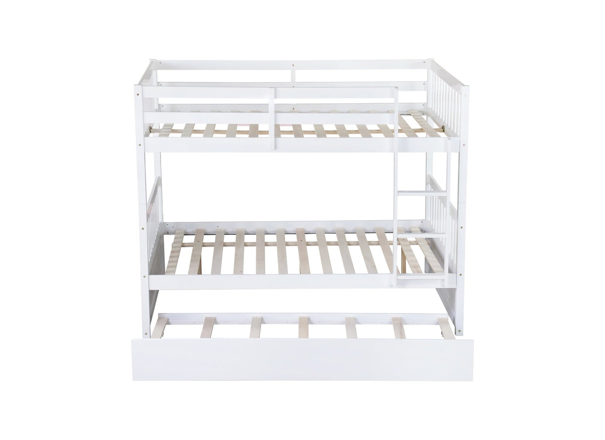 Full Over Full Rubber Wood Bunk Bed with Trundle, Ladder and Guardrails, Convertible to 2 Full Size Beds, with Twin Size Trundle,White