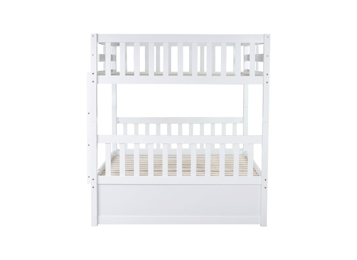 Full Over Full Rubber Wood Bunk Bed with Trundle, Ladder and Guardrails, Convertible to 2 Full Size Beds, with Twin Size Trundle,White