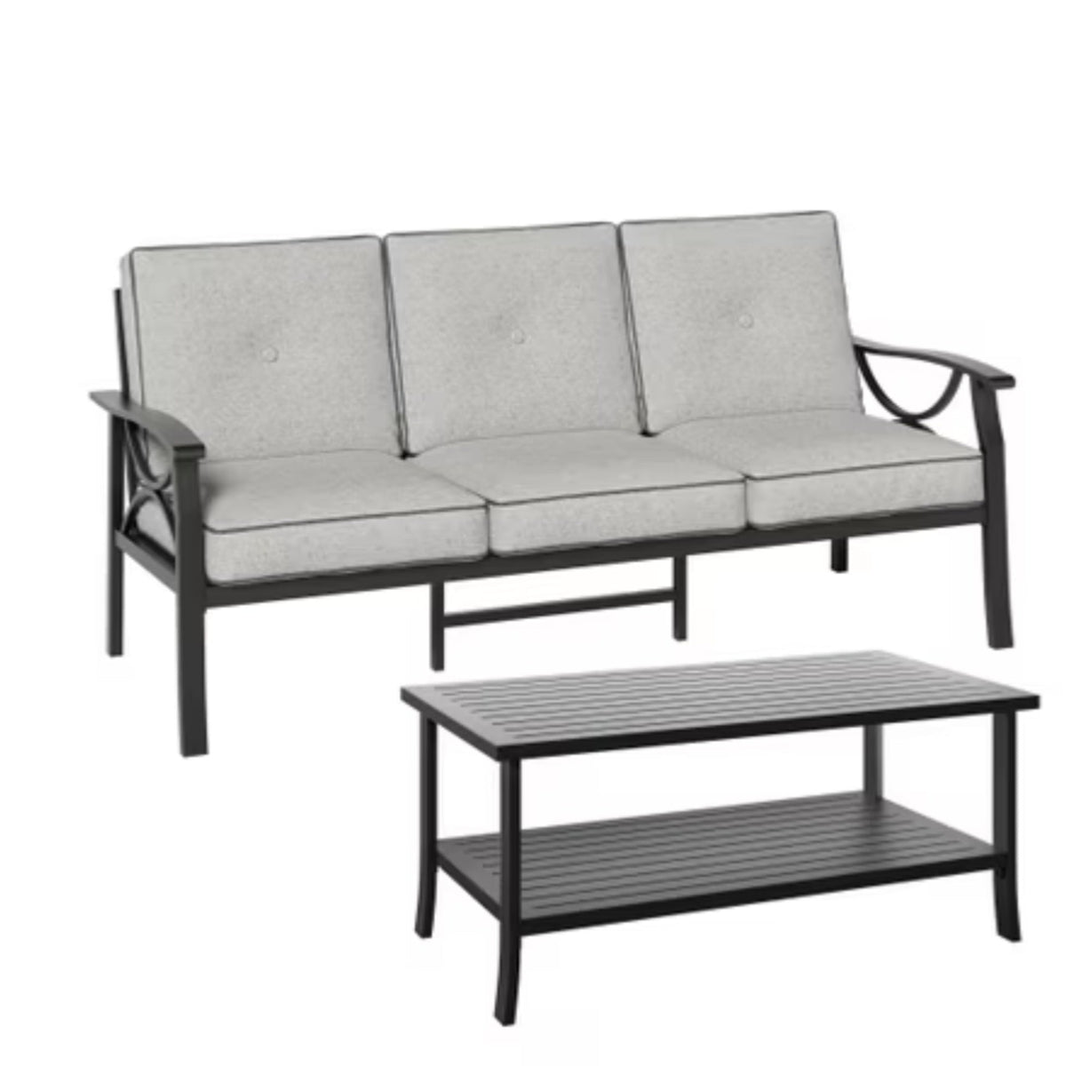 2 Piece Outdoor Patio Set, 70” All-Weather Metal 3-Seat Metal Patio Sofa and Rectangular coffee Table , Black Frame with Gray Cushions