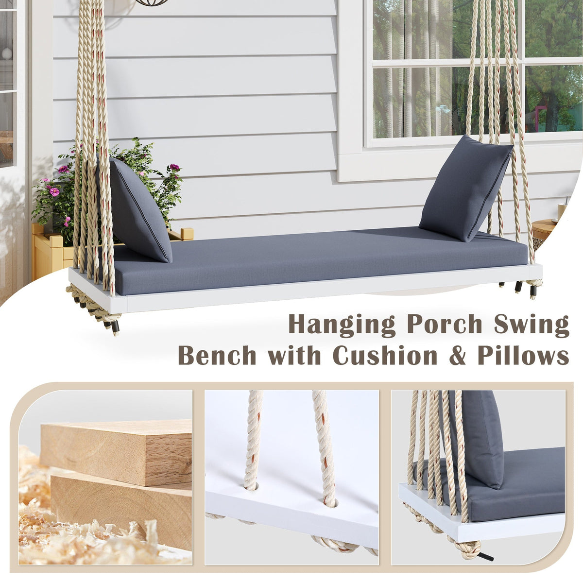 TOPMAX Patio Wooden Swing Chair, Hanging Porch Swing Bench with Cushion&Pillows, 10.8Ft Hemp Ropes for Garden,Backyard, Lawn,White