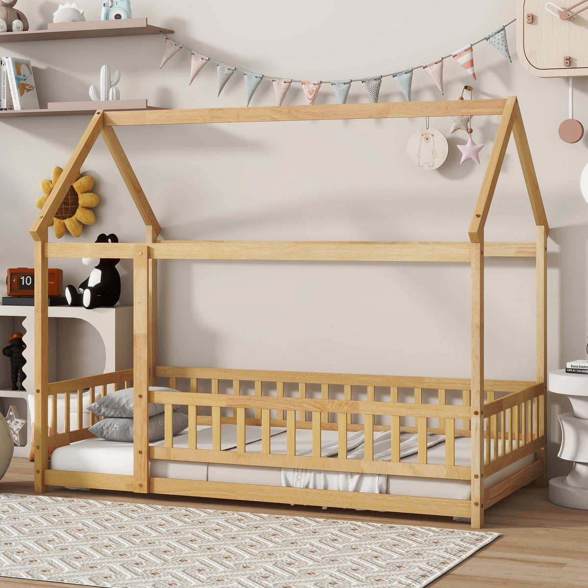 Twin Size House Floor Wooden Bed with Roof Frame,Safety Guardrails,Natural
