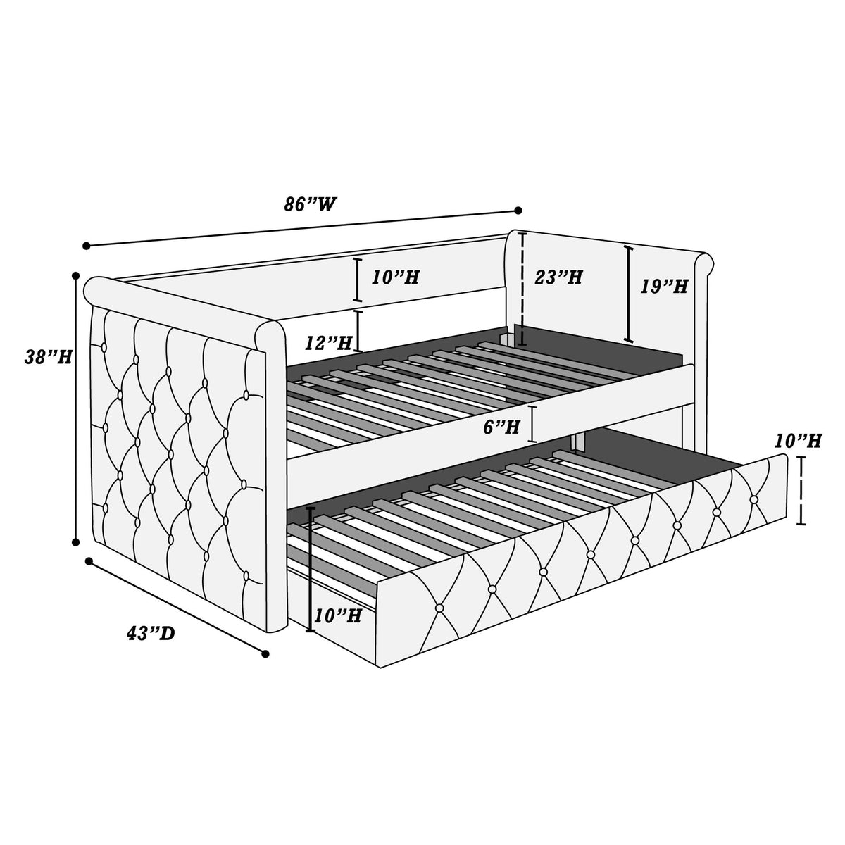 1pc Day Bed w/ Slat Trundle Button Tufted Contemporary Charcoal Finish Bedroom Furniture