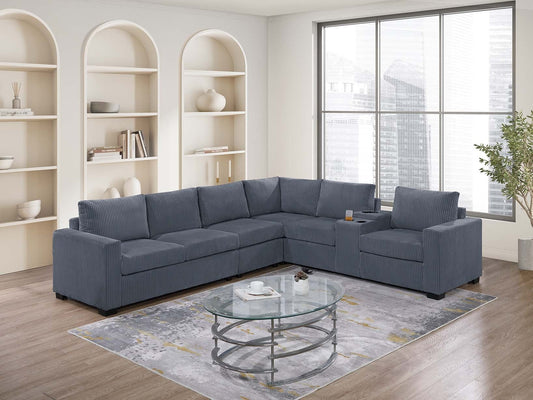 Modern Large Family Dark Gray Corduroy 6pc Sectional Set Living Room One Arm Loveseat Wedge Console Armless Chair Couch Set