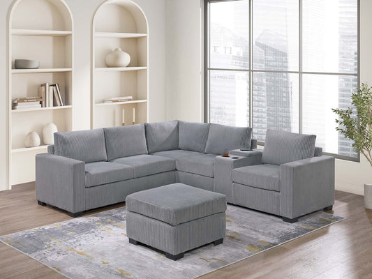 Modern Functional Light Gray Corduroy Upholstered Sectional Set Living Room One Arm Loveseat Wedge Console Ottoman 4pc Couch Sofa Set