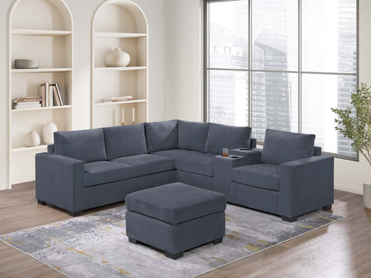 Modern Functional Dark Gray Corduroy Upholstered Sectional Set Living Room One Arm Loveseat Wedge Console Ottoman 4pc Couch Sofa Set
