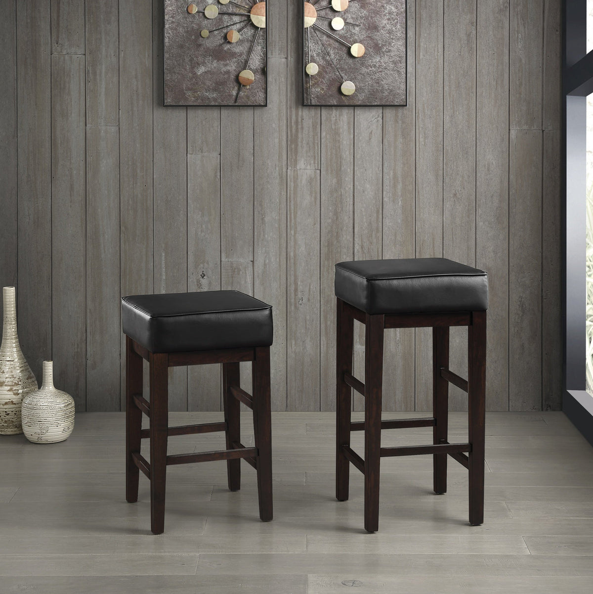 Transitional Black Faux Leather Seat 29-inch Pub Height Stools Set of 2, Espresso Finish Solid Wood Frame