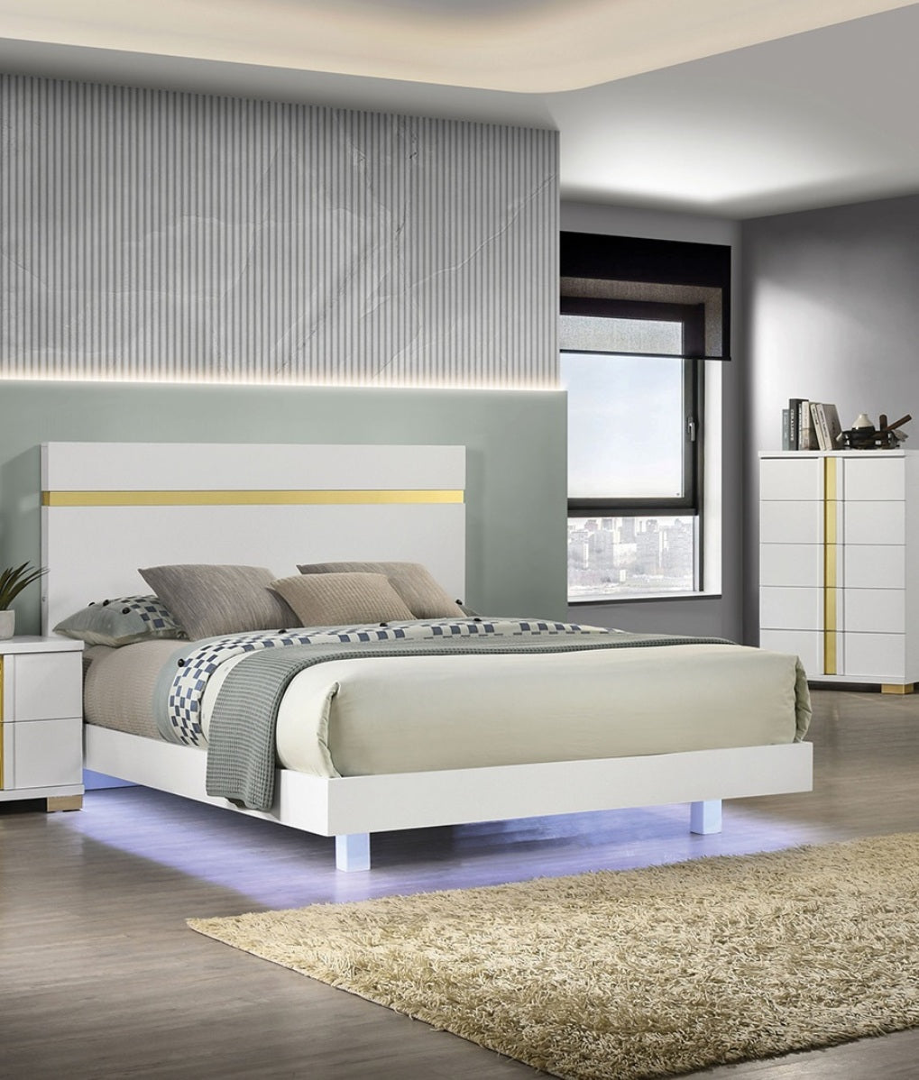 White 1pc Queen Size Bed Underbed LED Modern Bedroom Furniture Acrylic Trim Mattress Ready Bedframe