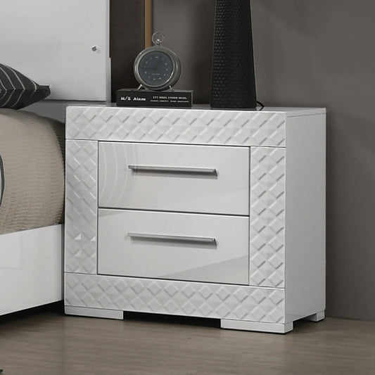 White High Gloss 1pc Nightstand Metal Side Glide 2-Drawers Bedside Table Chrome Hardware Bedroom Furniture