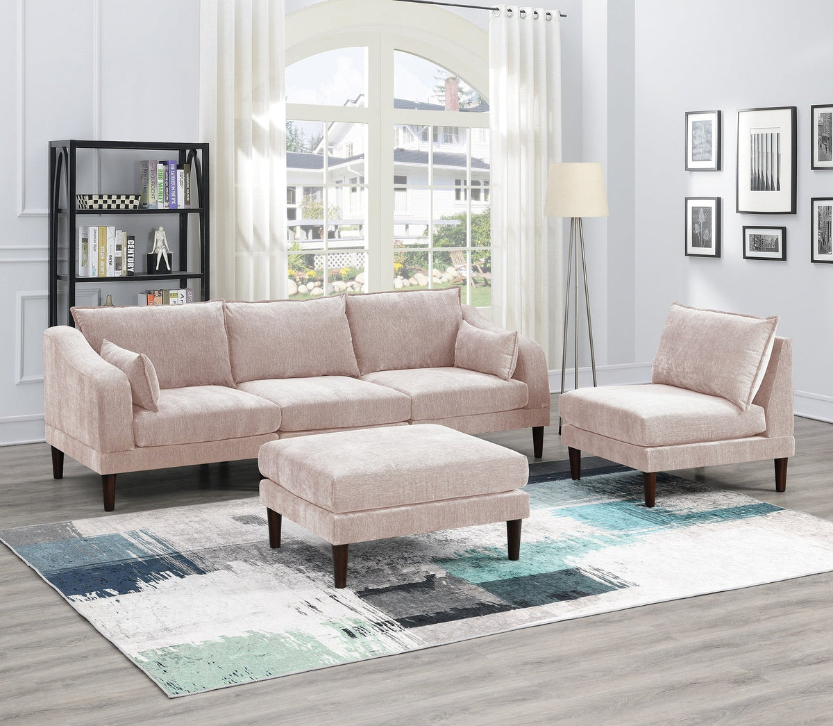 Beautiful 5pcs Modular Sectional Set 2x One Arm Chairs 2x Armless Chair 1x Ottoman Living Room Furniture Blush Pink Morgan Fabric