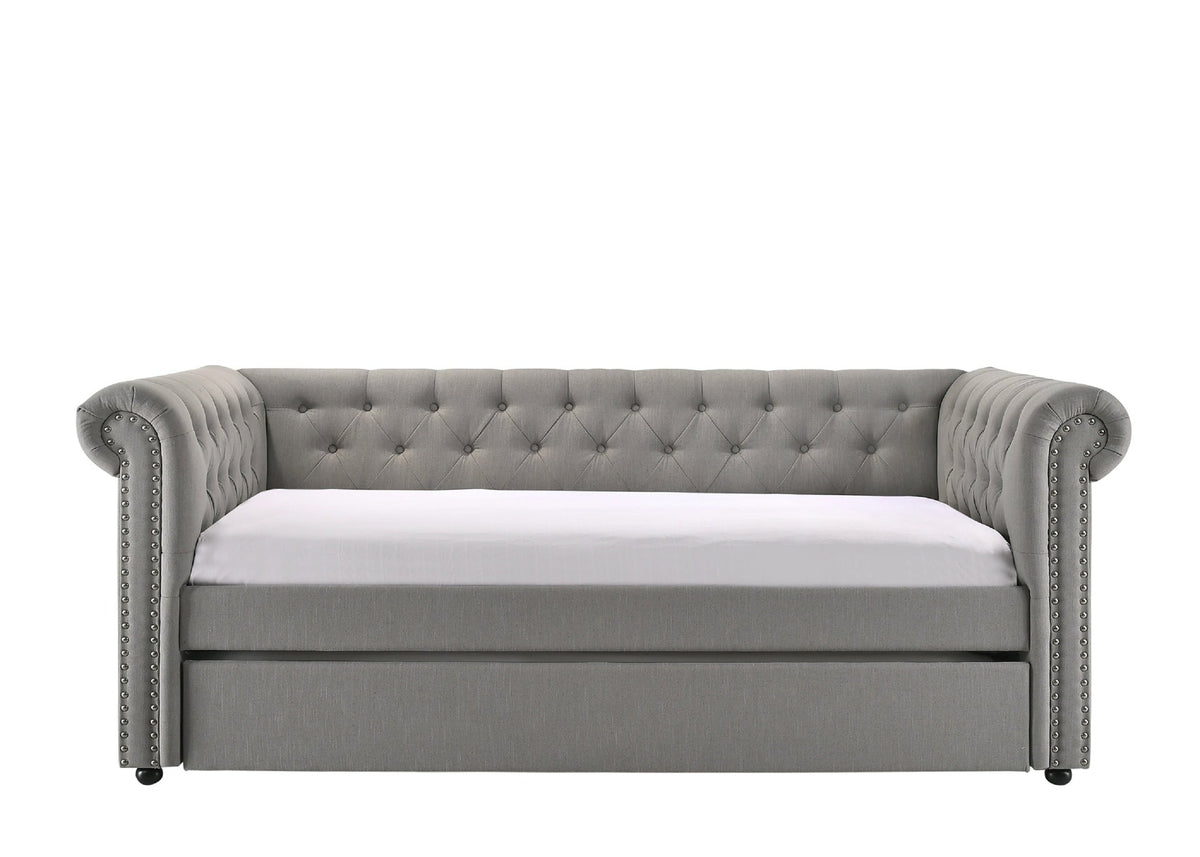 Luxurious 1pc Modern Aesthetic Beautifully Button Tufted Nailhead Trim Design Daybed Built-in pull-out Trundle Bed Living Space Guest Room Bedroom Dove Gray