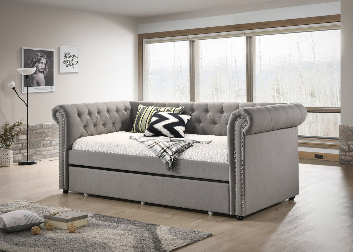 Luxurious 1pc Modern Aesthetic Beautifully Button Tufted Nailhead Trim Design Daybed Built-in pull-out Trundle Bed Living Space Guest Room Bedroom Dove Gray