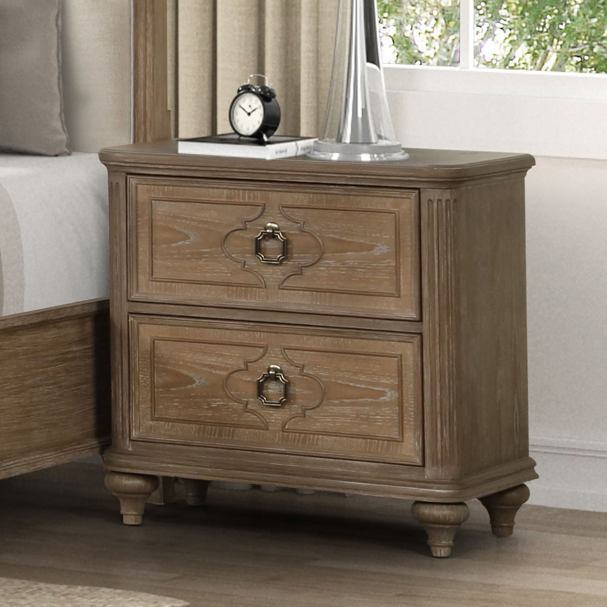 Simple Contemporary 1pc Nightstand Rustic Oak Veneer Solid wood Bedside Table w USB-A And USB-C
