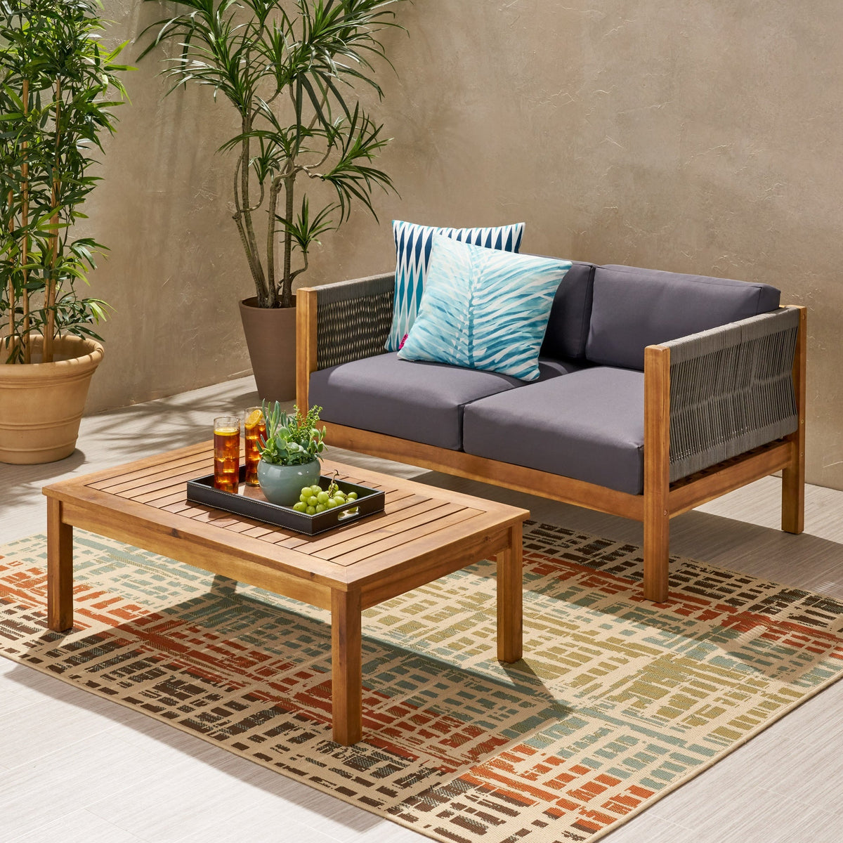 Patio Loveseat and Coffee Table Set, Patio Furniture Set with Cushion, Acacia Wood Frame Conversation Set for Garden, Backyard, Porch and Poolside, Minimalistic Style