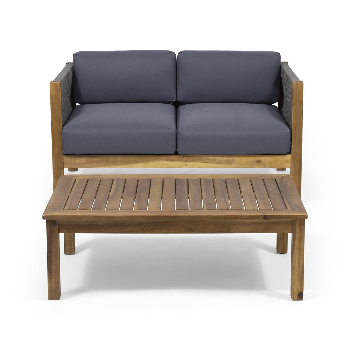 Patio Loveseat and Coffee Table Set, Patio Furniture Set with Cushion, Acacia Wood Frame Conversation Set for Garden, Backyard, Porch and Poolside, Minimalistic Style