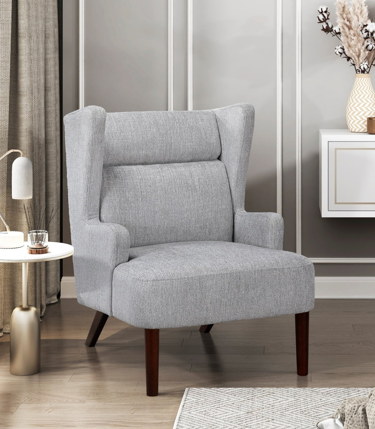 Contemporary Grey Wingback Accent Chair Chenille Upholstery Plywood Frame Living Room Furniture 1pc