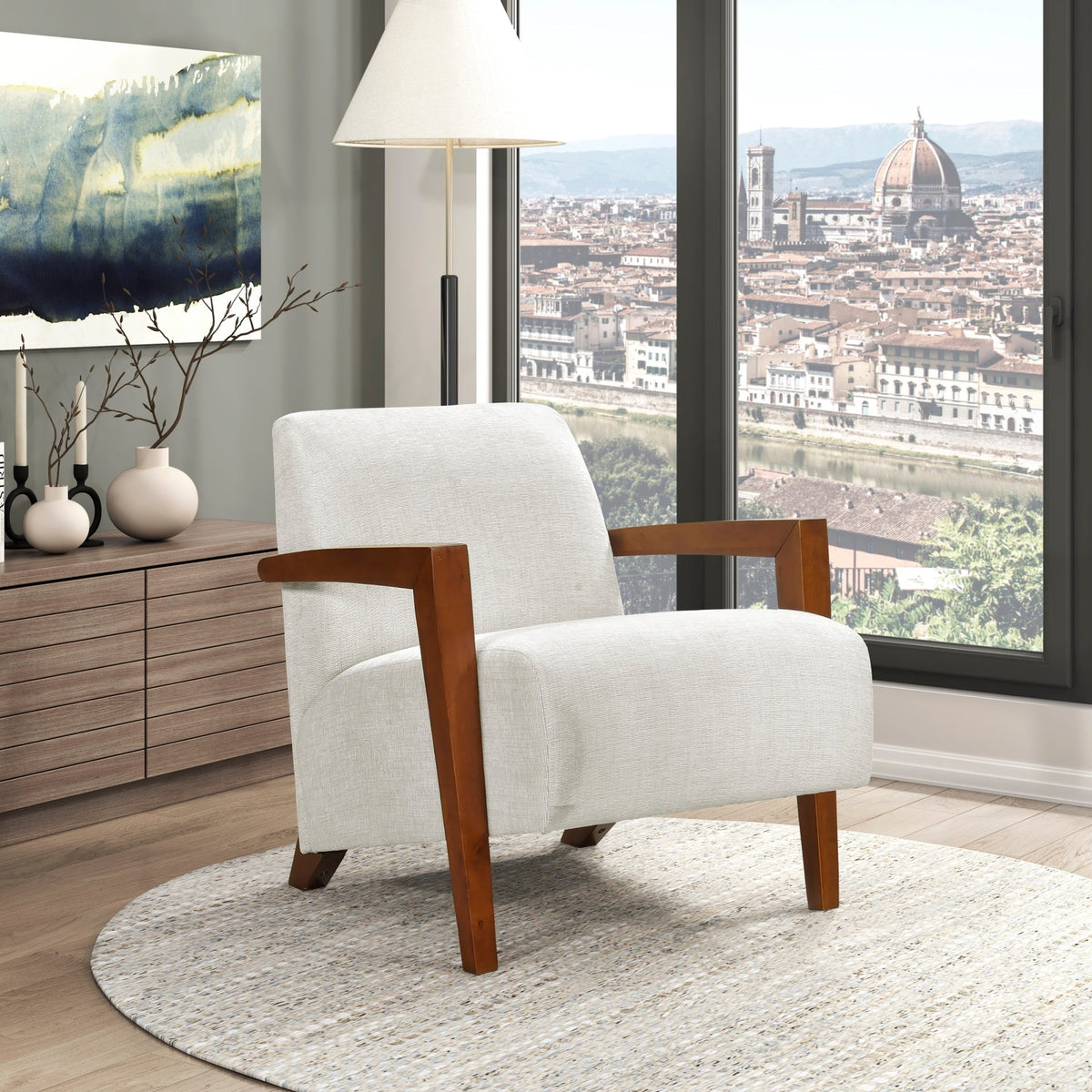 Ultra-Modern Accent Chair Beige Fabric Foam Seat Cushion Solid Wood Luxury Living Room Furniture 1pc