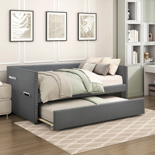 Modern Daybed Pull-out Trundle Side Pockets Dark Gray Upholstery Nailhead Trim Bedroom Living Room Furniture 1pc