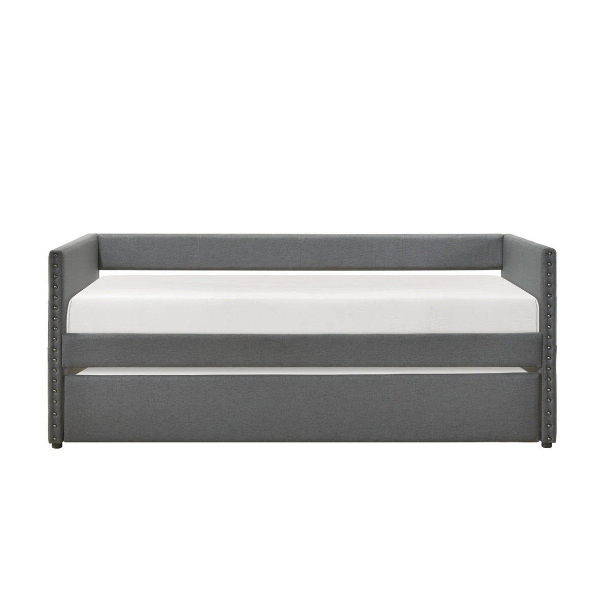 Modern Daybed Pull-out Trundle Side Pockets Dark Gray Upholstery Nailhead Trim Bedroom Living Room Furniture 1pc