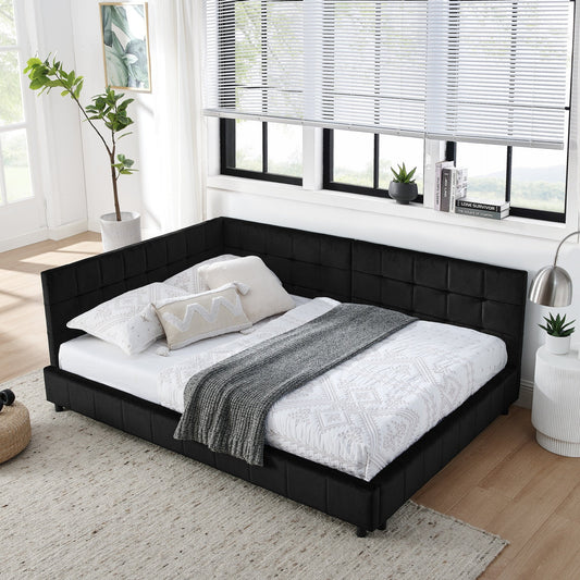 Full Size Upholstered Tufted  Bed Frame, Sofa Bed Frame with Comfortable Backrest and Armrests, Full Size Bed for Bedroom, Living Room,Velvet, Black(80.5''*59''*30.5'')