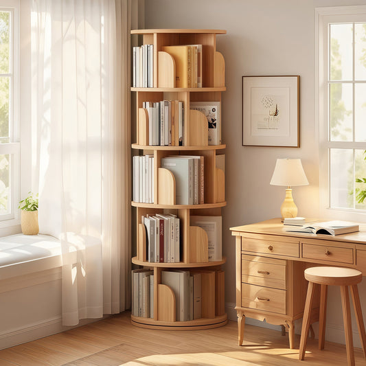 5 Tier Rotating Bookshelf, 360° Display Round Spinning Bookshelf, Space-Saving, Small Space Rotating Bookshelf Tower for Bedroom, Living Room, Home, Office, Wood Color