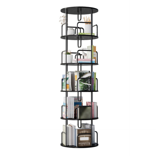 Rotating Bookshelf Tower 5 Tier, Spinning Bookcase, Revolving 360 Book Shelf Narrow Tall Bookcase, Vertical Turning Round storage Bookshelf, Book Shelf Organizer for Bedroom, Living Room, Black