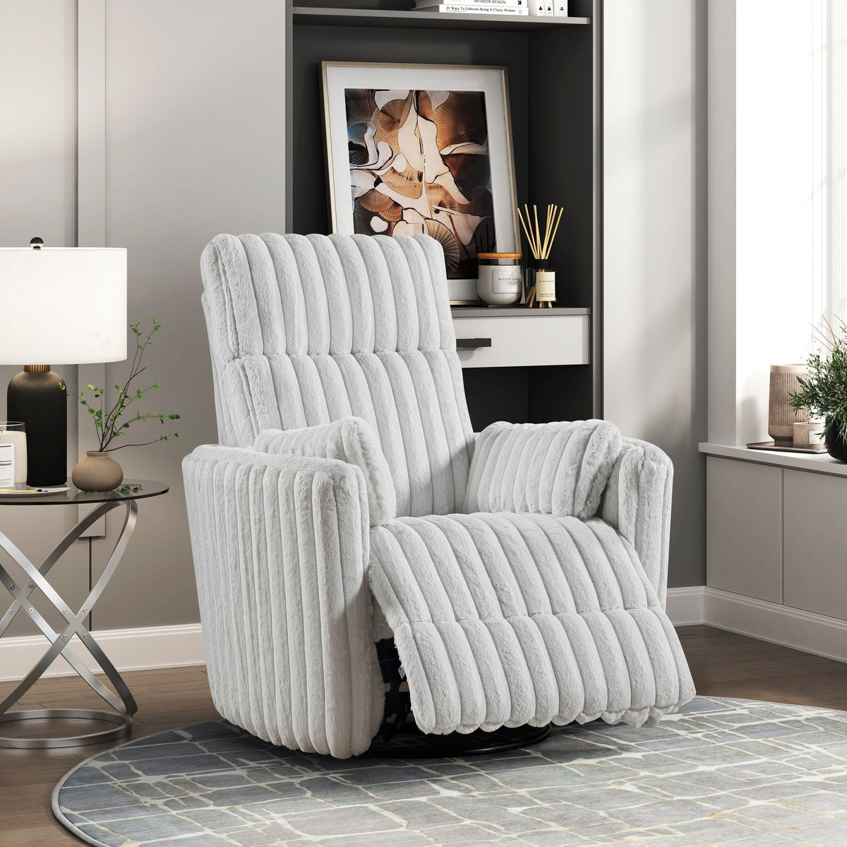 Luxurious Corduroy Upholstered Swivel Glider Reclining Chair Gray Modern Living Room Furniture 1pc Plush Comfort Matching Pillows