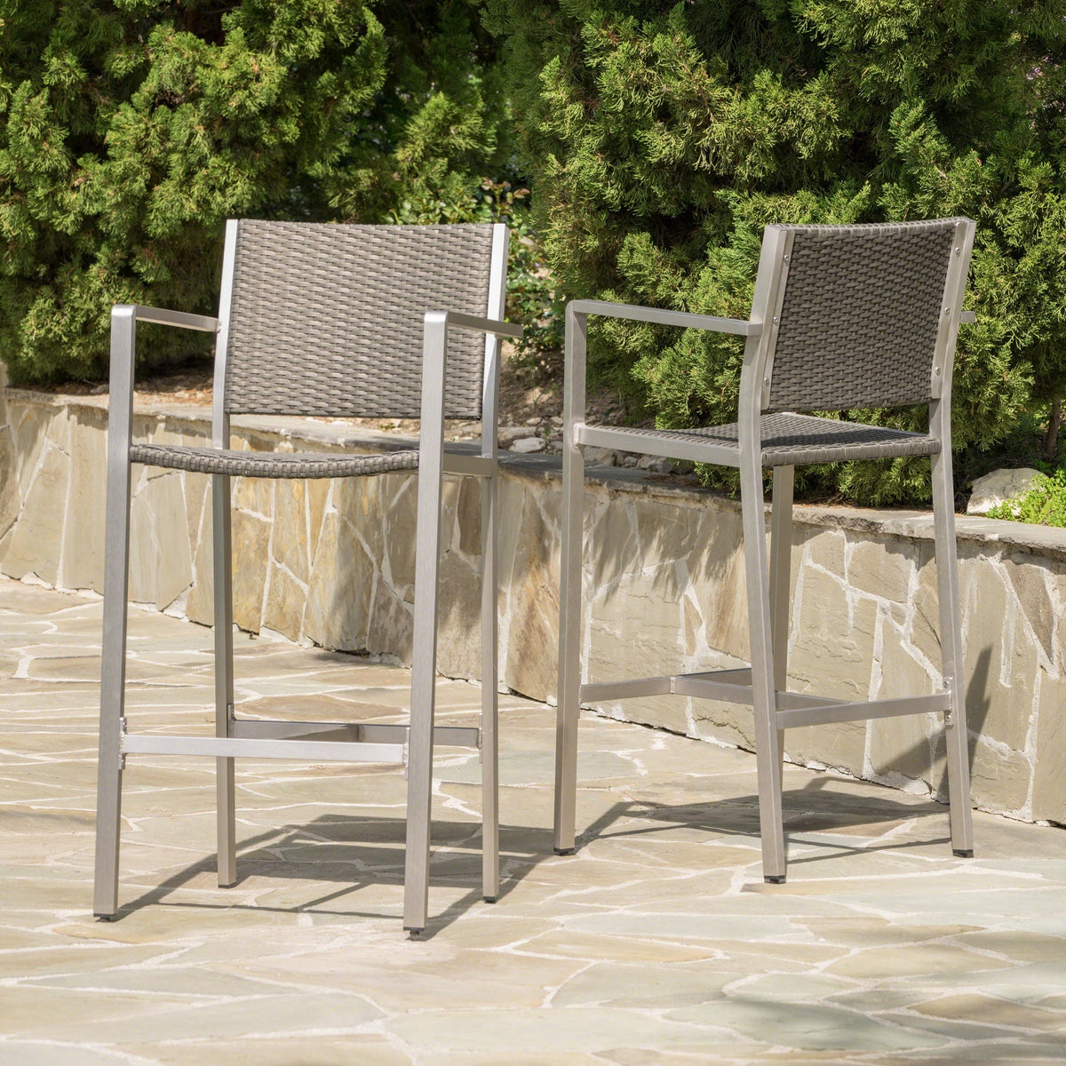 Outdoor 29.50" Rust-Proof Aluminum Barstools with PE Rattan Seat and Backrest, Set of 2, Silver & Grey