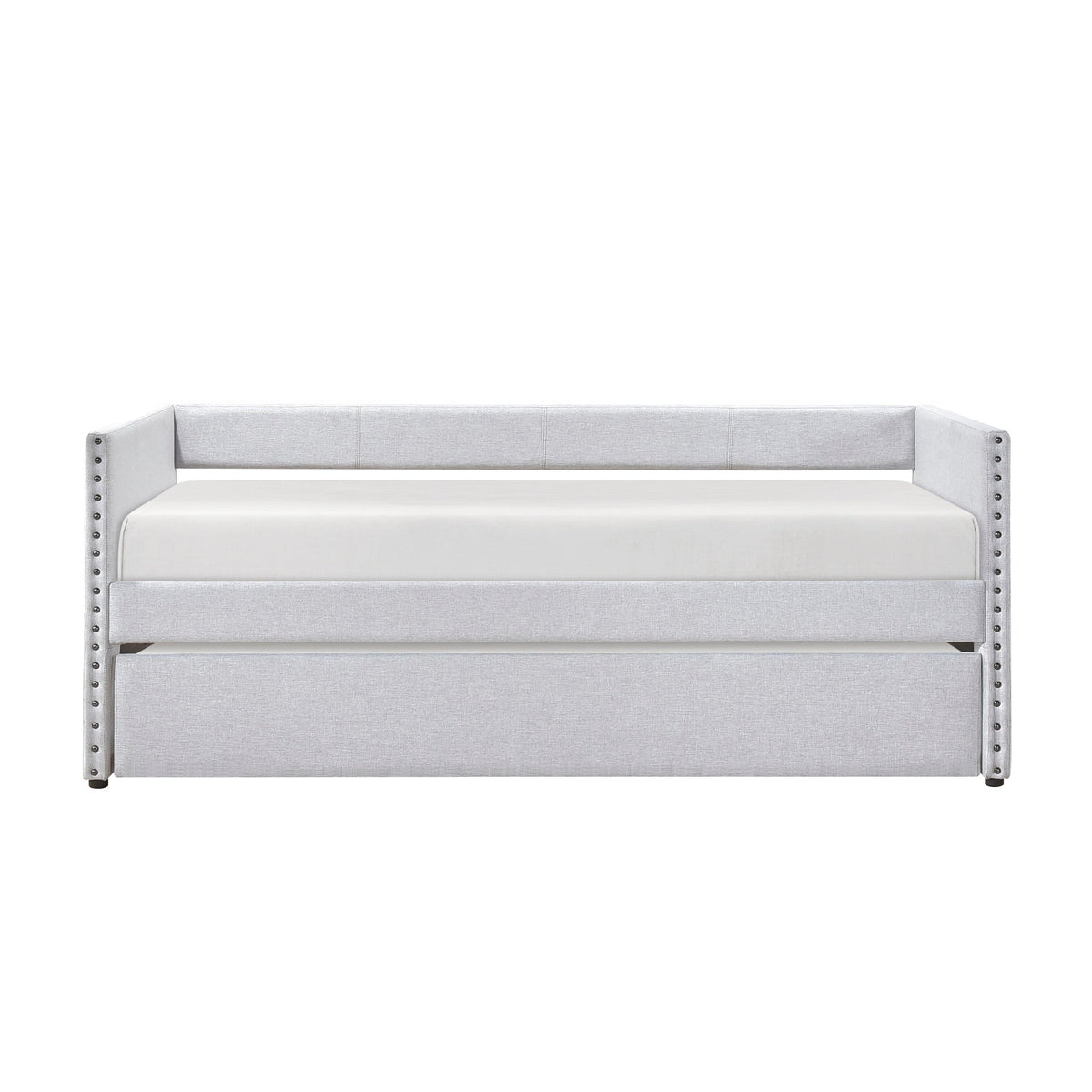 Modern Daybed Pull-out Trundle Side Pockets Light Gray Upholstery Nailhead Trim Bedroom Living Room Furniture 1pc