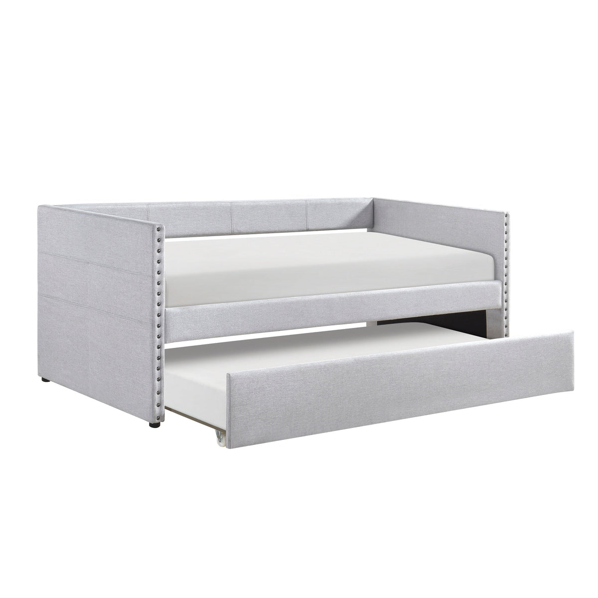Modern Daybed Pull-out Trundle Side Pockets Light Gray Upholstery Nailhead Trim Bedroom Living Room Furniture 1pc