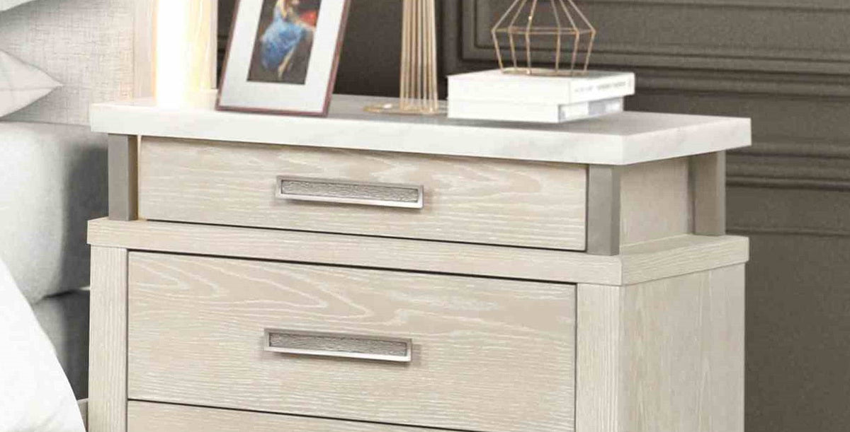 Transitional Style 1pc Nightstand Metal Handles Marble Top UV-Stained Bottom Drawer Ball Bearing Glide Weathered Gray Finish Bedroom Furniture