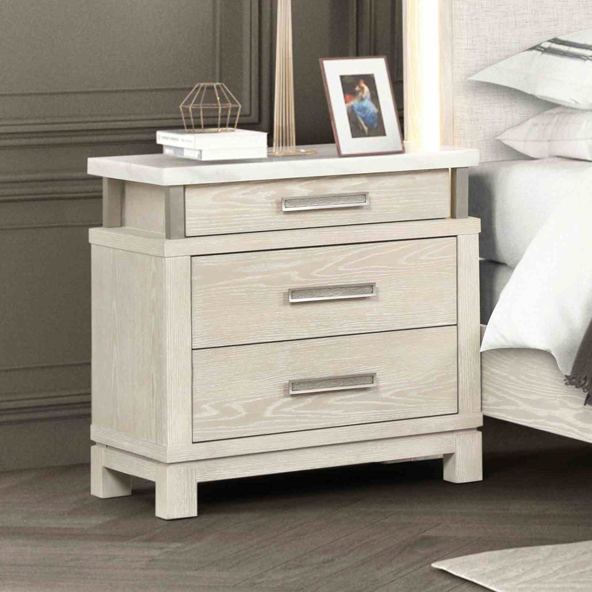 Transitional Style 1pc Nightstand Metal Handles Marble Top UV-Stained Bottom Drawer Ball Bearing Glide Weathered Gray Finish Bedroom Furniture