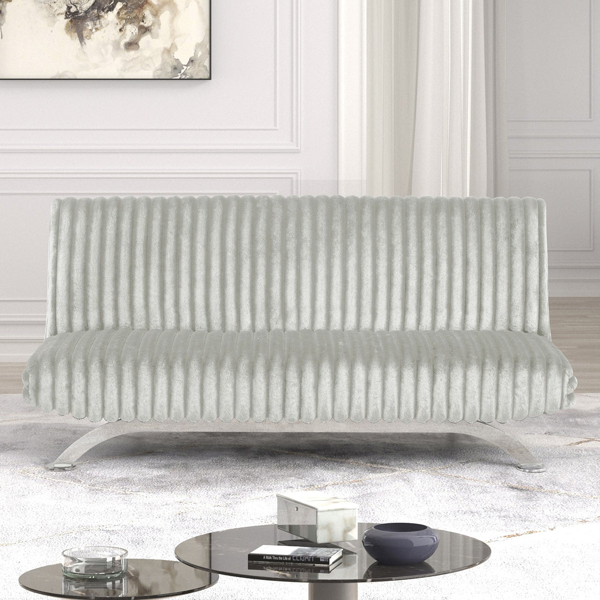 Contemporary Style Light Gray Finish Futon Sofa Bed Convert Into Bed With Extra Support Leg Chrome Finish Metal Base Legs