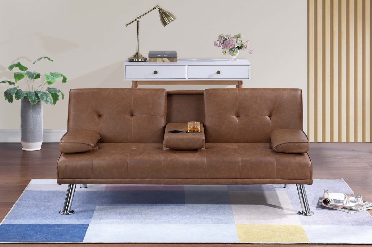 Living Room Brown Color Faux Leather 1pc Adjustable Sofa Fold-Down Table Cup Holders Tufted Upholstered Plush Cushion Couch Sofa